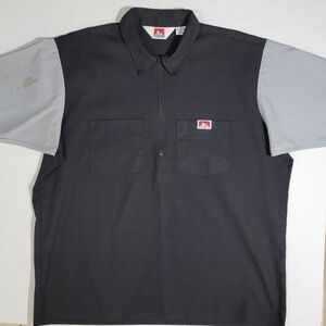 Vintage Ben Davis (Men's XL) Quarter Zip Short Sleeve Work Shirt Black and Gray